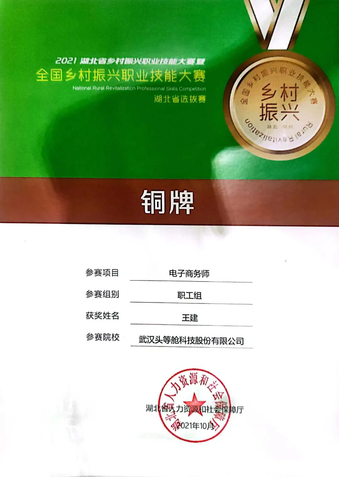 喜报丨热烈祝贺头等舱CEO王建荣获“湖北省技术能手”荣誉称号！