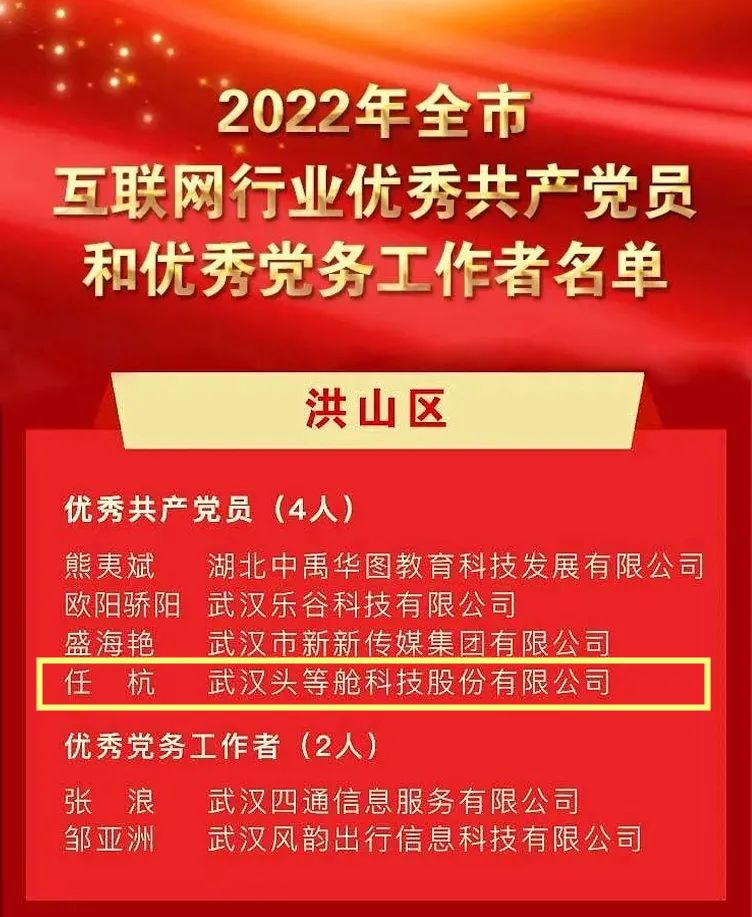喜报丨热烈祝贺头等舱董事长任杭荣获全市互联网行业优秀共产党员
